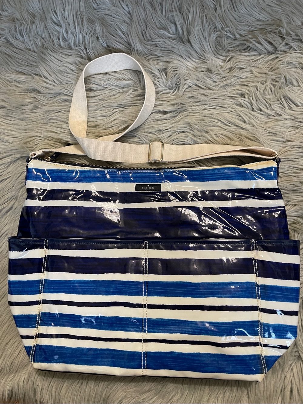 kate spade Blue, Navy & White Striped Glossy Tote with Cream Strap diaper bag